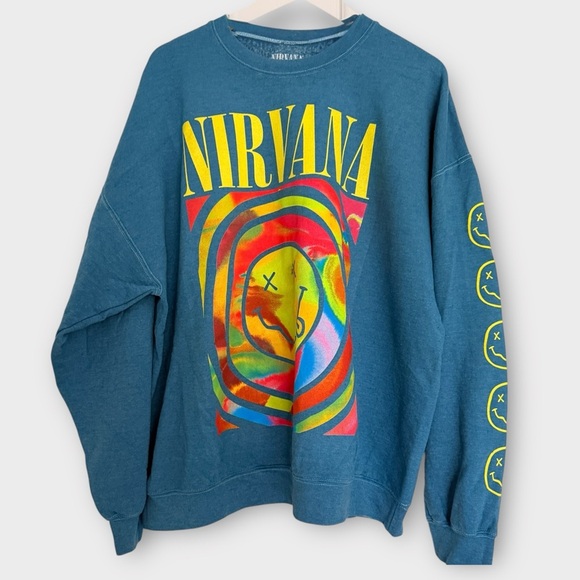 Nirvana Oversized Crewneck Sweatshirt Blue Tie Dye Print S/M - Picture 1 of 8